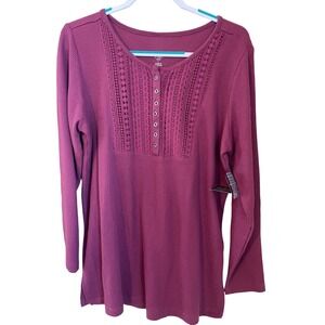 Woman Within Size L 18/20 Plum Waffle Knit Henley Long Sleeve Top Crochet Lace